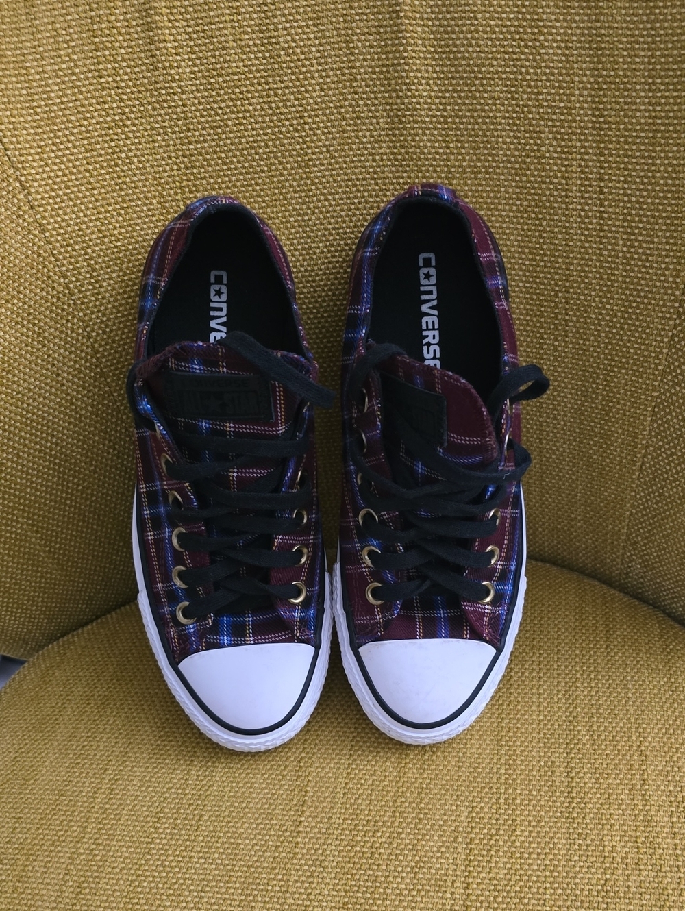 Converse Plaid Low Top Sneakers in Burgundy, Blue, Black